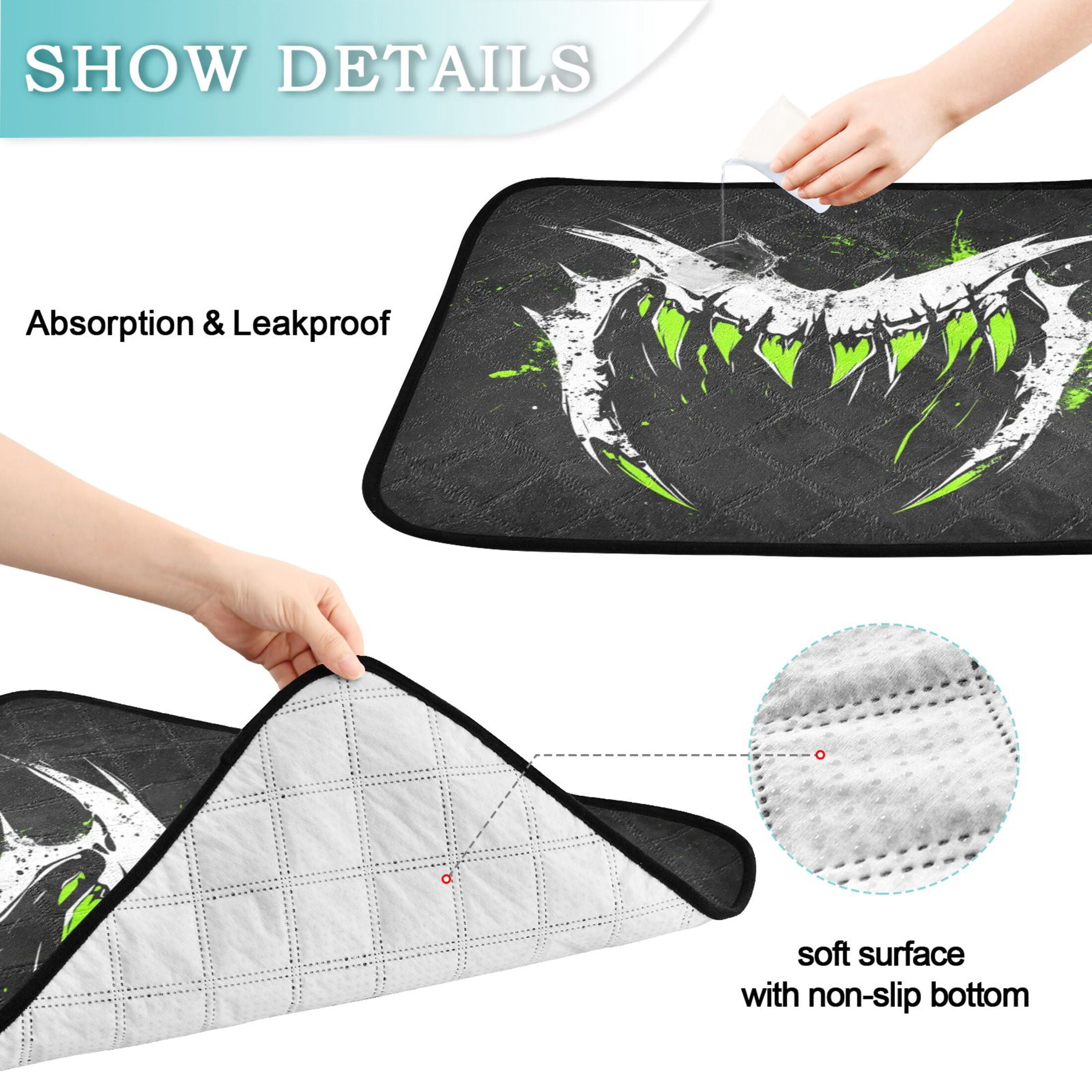 Qxltty Green Fangs Cat litter Pads Pet Set of 2 Diaper Mats Center Anti-leakage Layer Absorbent Soft and Comfortable