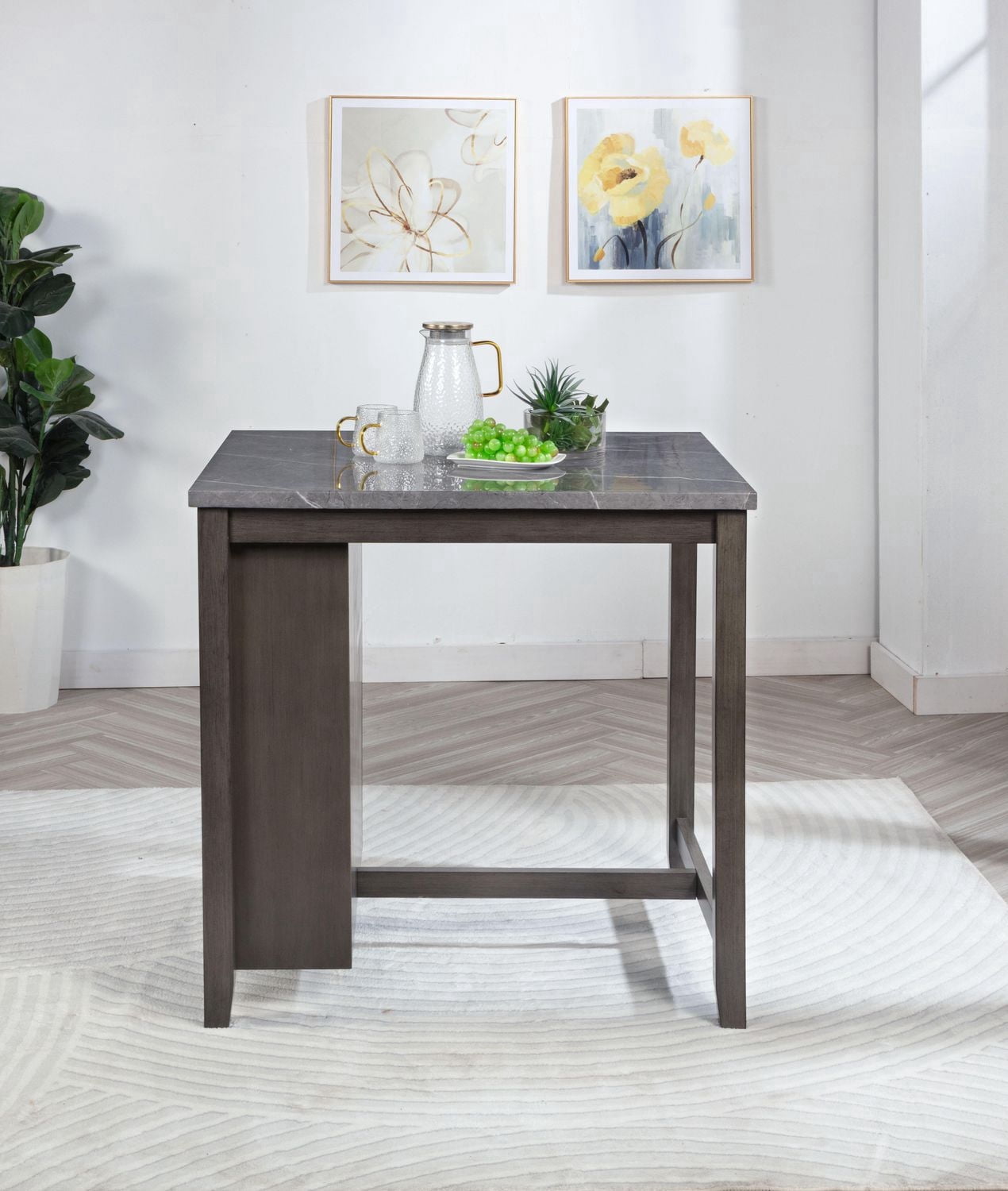K-Living Pheony Marble Counter Height Table with Storage and & 2 Bar Stools