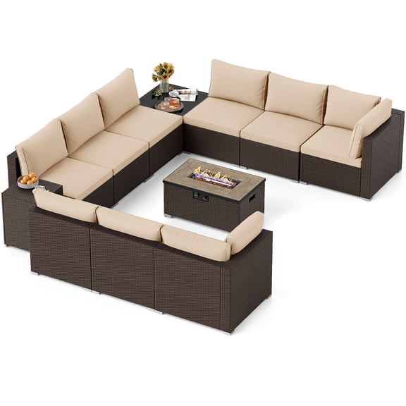 Gymax 12 PCS Outdoor Patio Wicker Sectional Sofa Set w/ 32'' Propane Fire Pit Table Tank Holder Beige
