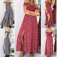 thumbnail image 3 of Women's Boho Off Shoulder Strapless Summer Beach Floral Slit Maxi Dress Red-S, 3 of 5