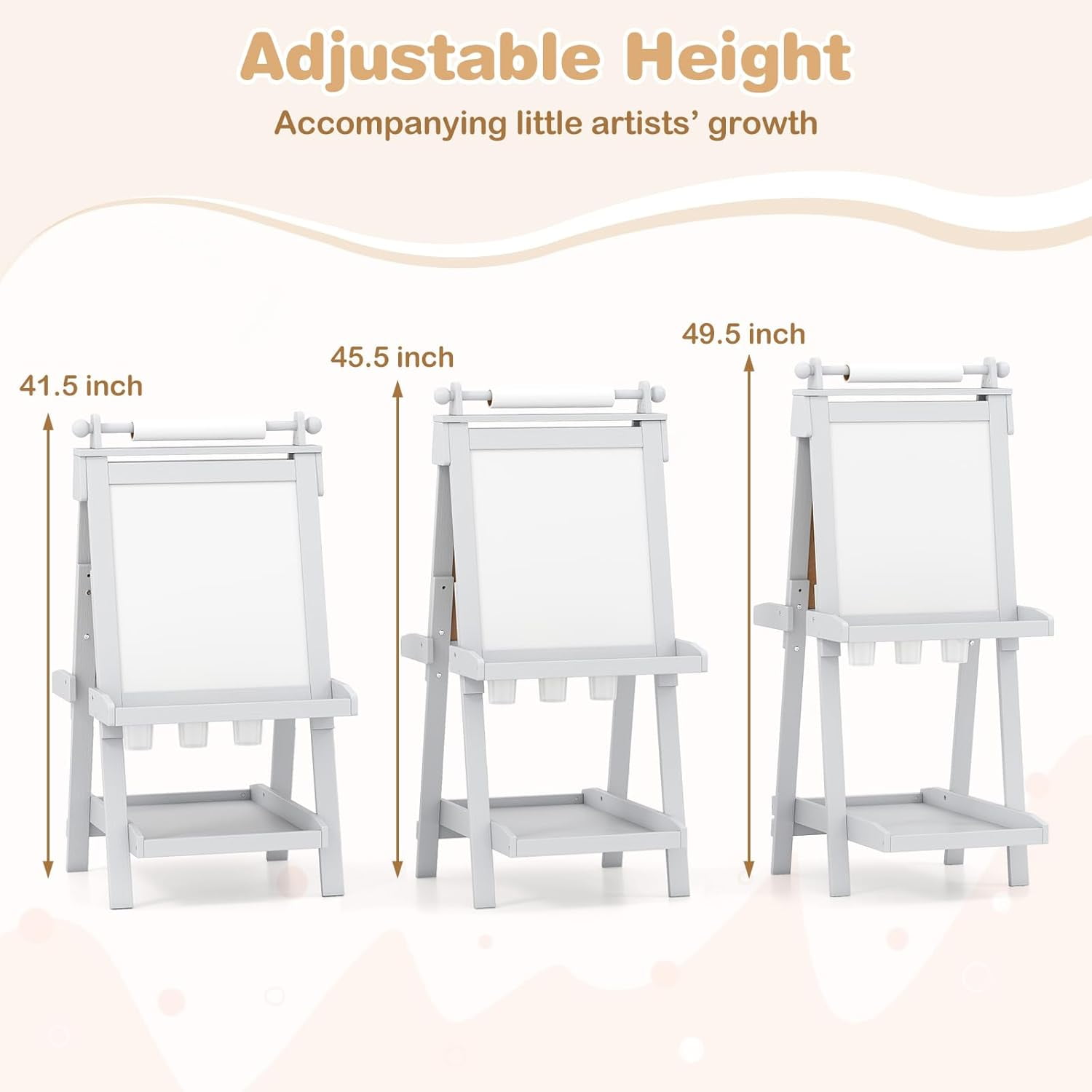 OLAKIDS Easel for Kids, 3 in 1 Adjustable Painting Art Board, Foldable Double-Sided Wooden Drawing Chalkboard Magnetic Whiteboard with Paper Roll, Storage Rack, Cups for Boy Girls
