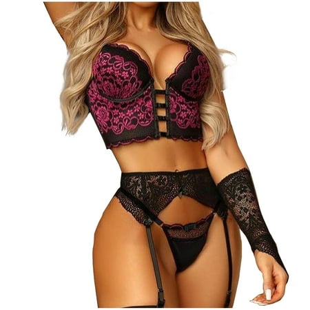 

BIZIZA Babydoll Lace Lingerie for Women Teddy Bra and Panty Sets Bralette Sexy Lingerie Set with Garter Black M
