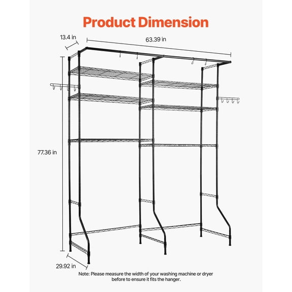 Heavy Duty Over The Washer and Dryer Shelf, 6-Tier Adjustable Laundry Storage Rack with Hanging Rod, Space Saver for Clothes & Supplies, Black