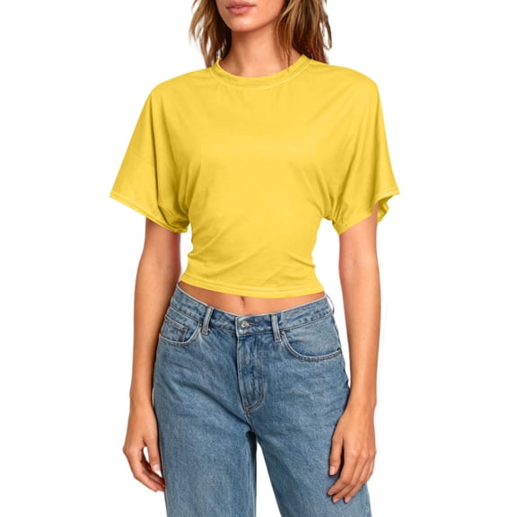 Tauxra Short Sleeve Shirts for Women, Round Neck Backless Cutout Casual Batwing Sleeve Crop Top, Women's Short Sleeve T-Shirt