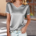 thumbnail image 2 of Olyvenn Women's Polka Dot Mesh Patchwork Short Sleeve Satin Shirts Casual Dressy V Neck Blouses Summer Business Work Tops Gray L, 2 of 9
