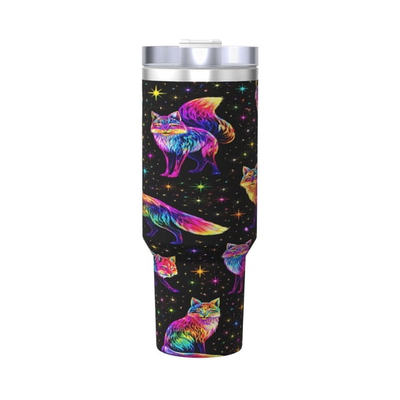 Neon Rainbow Fox Cup Insulated Tumbler Stainless Steel Vacuum Travel Mug 40 oz with Handle and Straw Lid