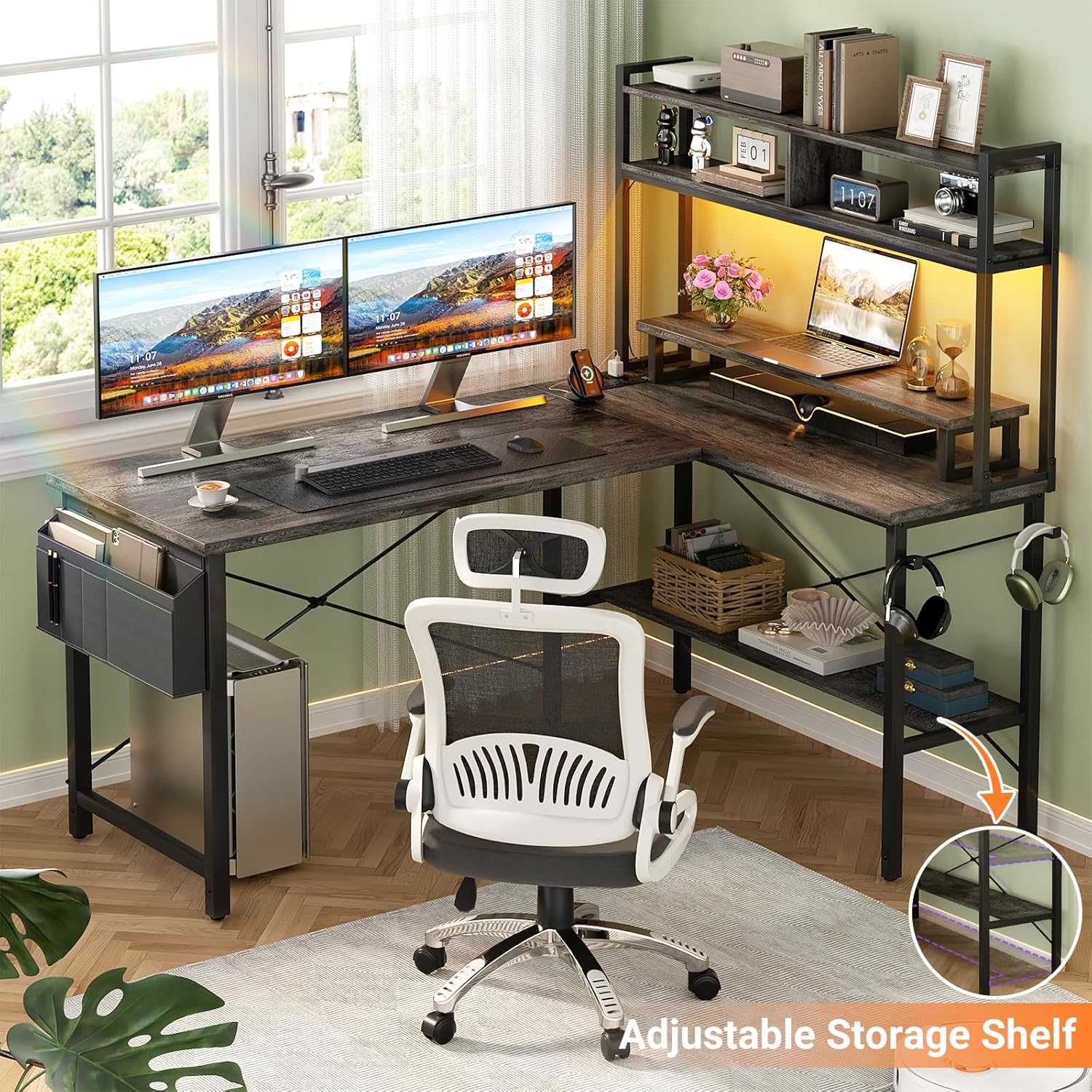 Homieasy L Shaped Gaming Desk with Power Outlets & LED Lights, Small L- Shaped Desk Computer Corner Desk with Monitor Stand & Storage Shelf, Home Office Desk Writing Desk with Storage Bag,