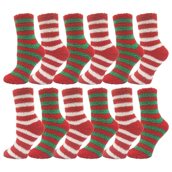 Women's Christmas Socks, 12 Pairs, Holiday Xmas Gift, Novelty Colorful Patterns (12 Pairs Striped Fuzzy Socks)