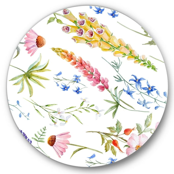 Designart 'Vibrant Summer Wildflowers On White I' Traditional Circle Metal Wall Art 36x36 - Disc of 36