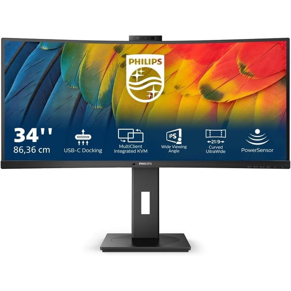 Restored Philips 34B1U5600CH - 34 Inch WQHD Curved Monitor, 120Hz, VA, 4ms, WebCam, KVM, MultiView, RJ-45 to USB-C, height Adjust (3440 x 1440 @ 120Hz, HDMI 2.0 / DP 1.4 / USB-C PD 100W)