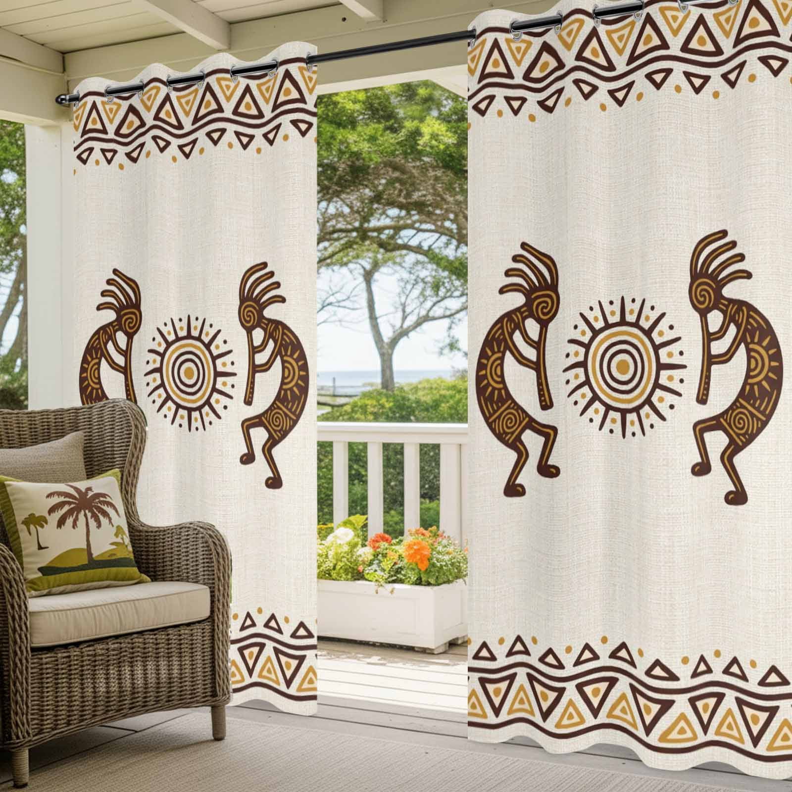 Bohemian Tribal Sunburst Outdoor Curtains for Patio, Boho Mysterious Geometric Brown Sun Symbol Sunshade Privacy Drapes Grommet Waterproof Outside Curtains for Porch/Cabana/Balcony 54"x 108", 1 Panel