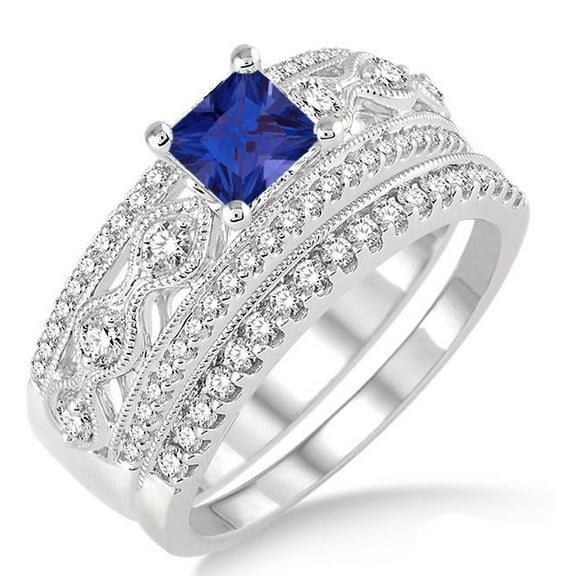Art Deco 3 Carat Square Shape Blue Sapphire And Moissanite Diamond Antique Bridal Set Engagement Ring on 10k White Gold