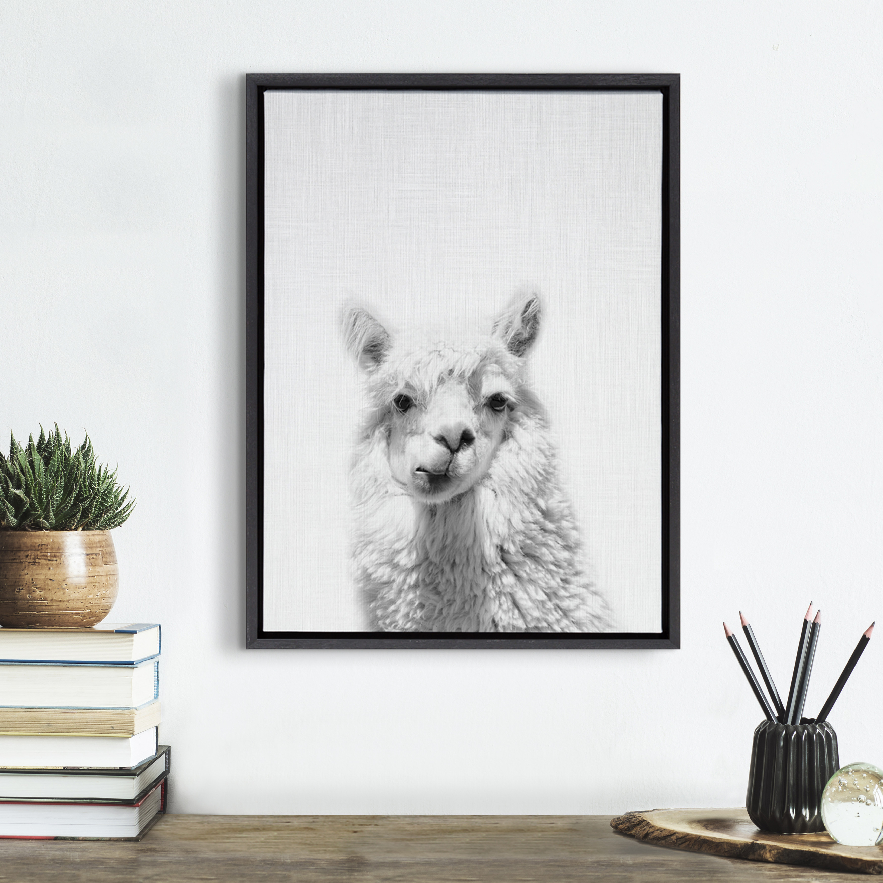 Kate and Laurel Sylvie Alpaca Black and White Portrait Framed Canvas Wall Art by Simon Te Tai, 18x24 Black