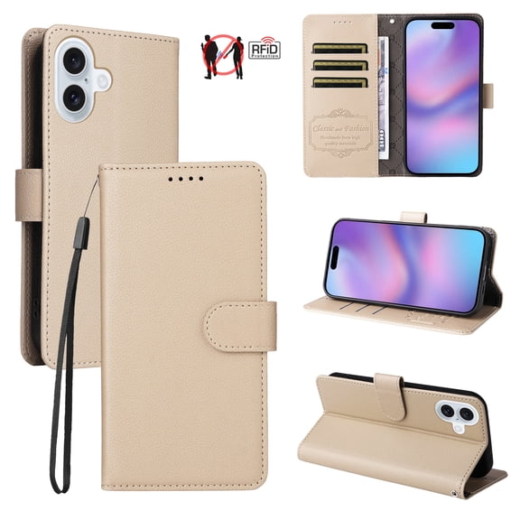 Wallet Case for iPhone 16 Plus, Premium PU Leather Flip Folio Case with RFID Blocking Card Slots Kickstand Function Wrist Strap Protective Shockproof Phone Case Cover, Beige