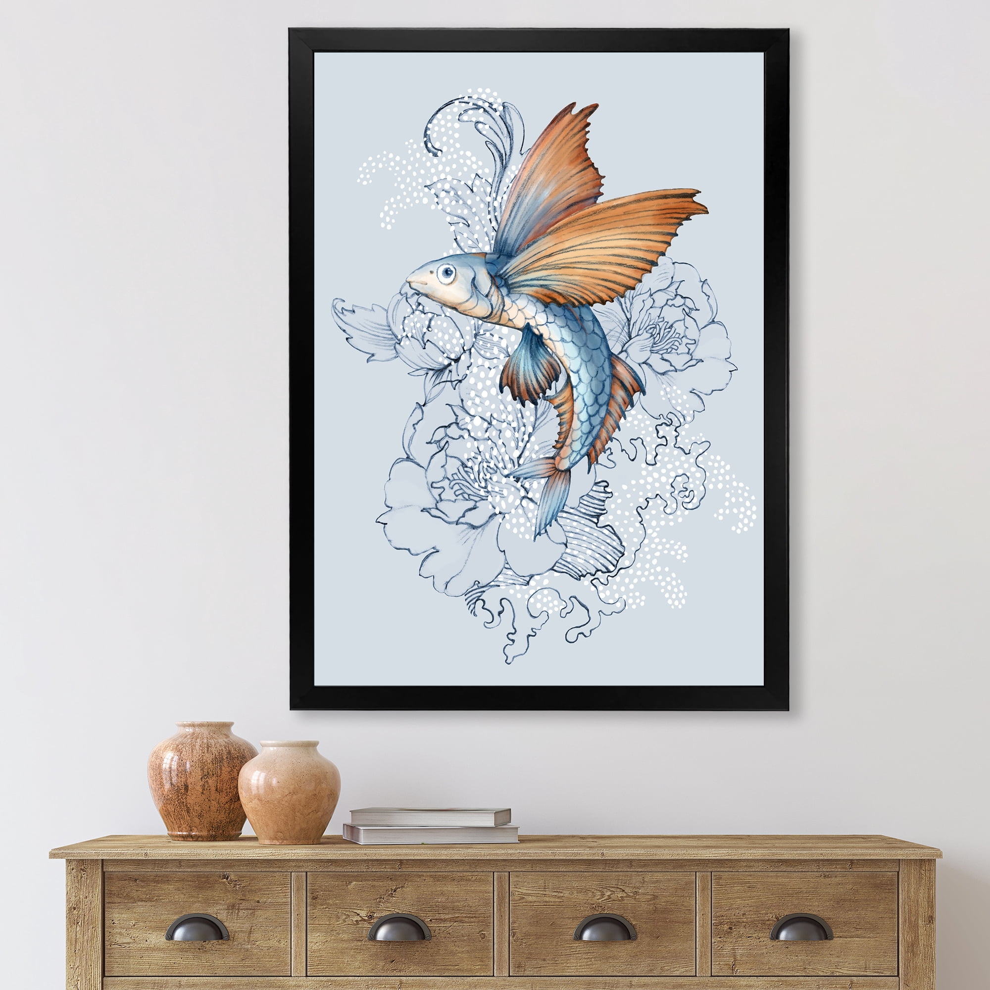 Designart 'Flying Fish and Peonies' Traditional Framed Art Print