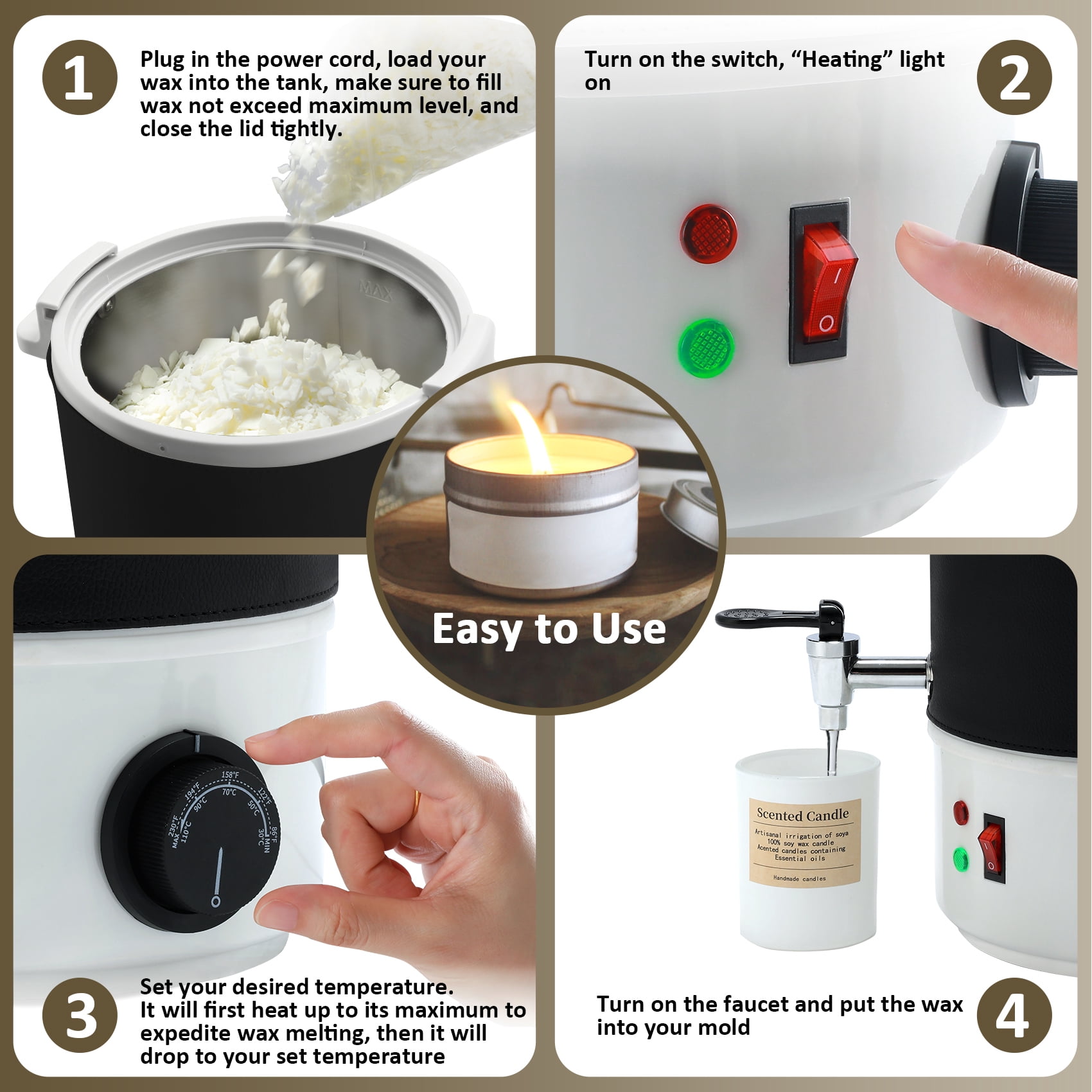 TCFUNDY Wax Melter for Candle & Soap Making, 10L Extra Large Electric Wax Melting Pot with Easy Pour Spout & Adjustable Temperature, Suitable for Candles, Soaps, Creams, Lip Balms, and More, Black