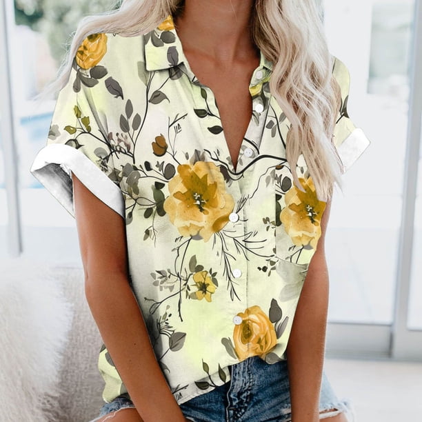 Fiudx Ofertas de La Semana Blusas de Manga Corta Estampadas Informales Regulares para Mujertop