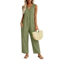 thumbnail image 4 of Women's Sleeveless V‑neck Linen Jumpsuit, Button Front Wide Leg Pants with Pockets, Casual Vacation Overalls Green XXL, 4 of 8