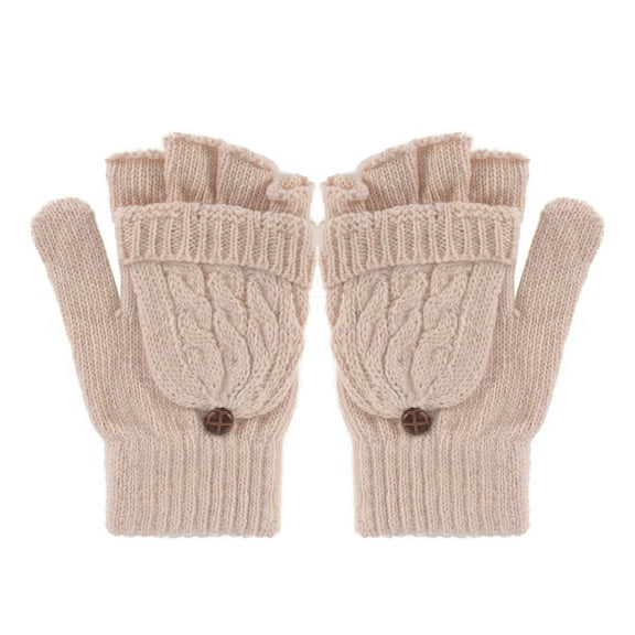 WHAMVOX Women Winter Warm Wool Knit Convertible Fingerless Gloves with Mitten Cover Beige