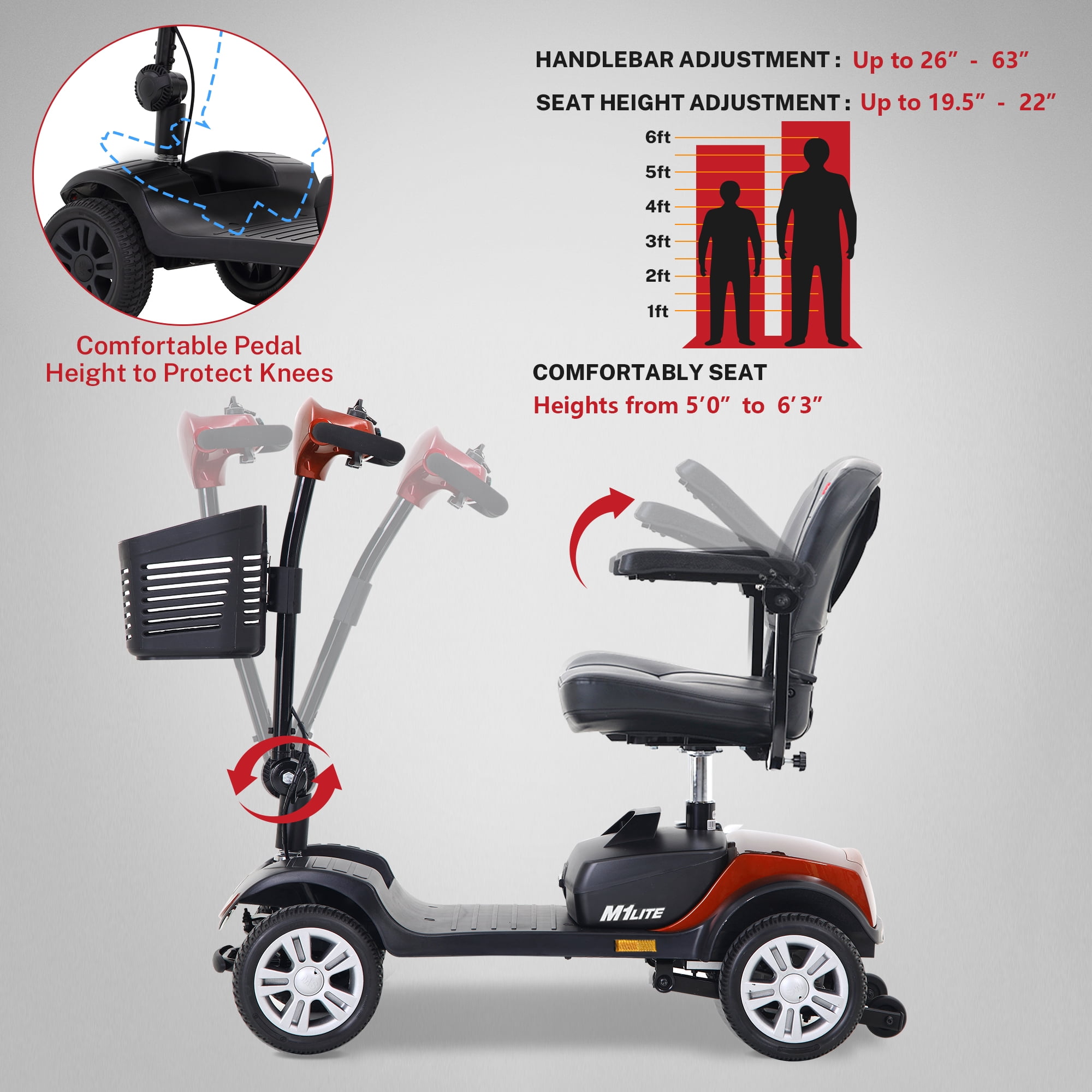 Segmart 4 Wheels Mobility Scooters for Seniors Best Gift,Foldable Wheelchair Device for Adults,Heavy Duty Medical Scooter Up to 20 Miles & 330lb Capacity, Red