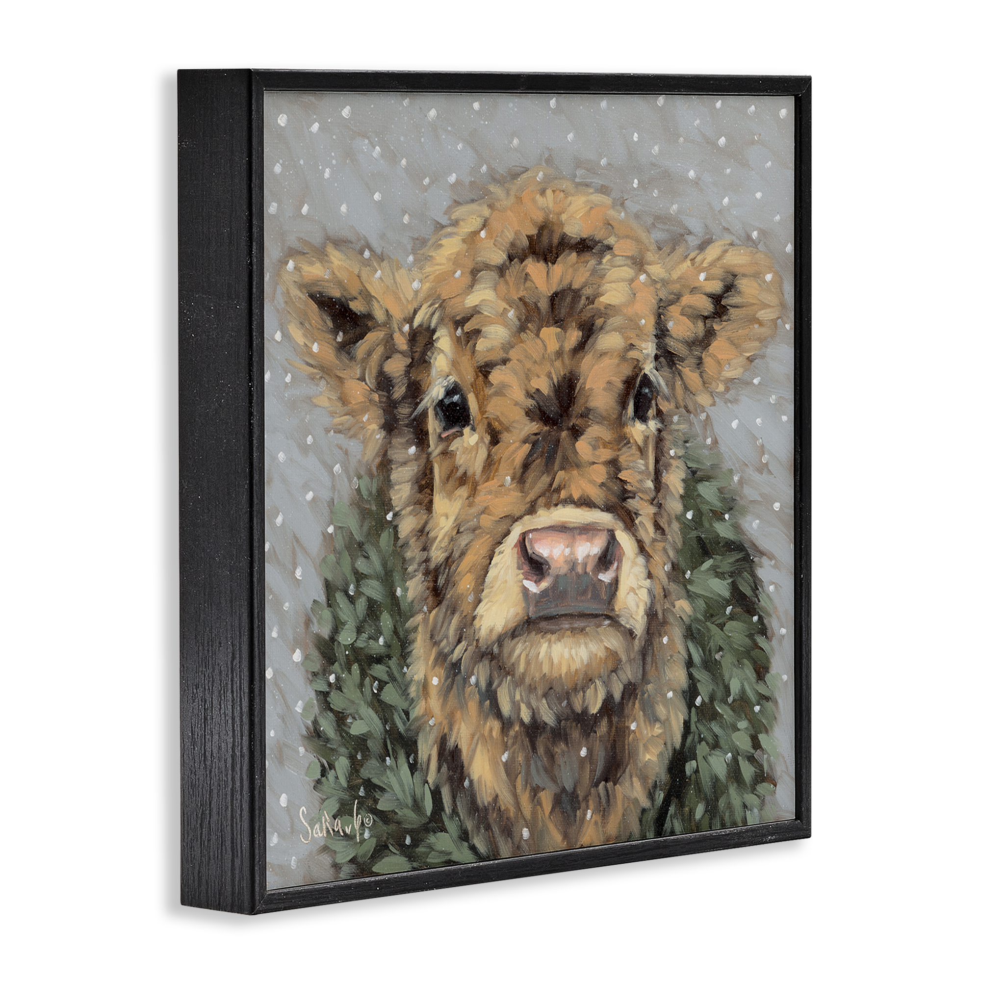 Stupell Industries Snowy Cattle & Wreath Animals & Insects Painting Black Framed Art Print Wall Art, 24 x 24