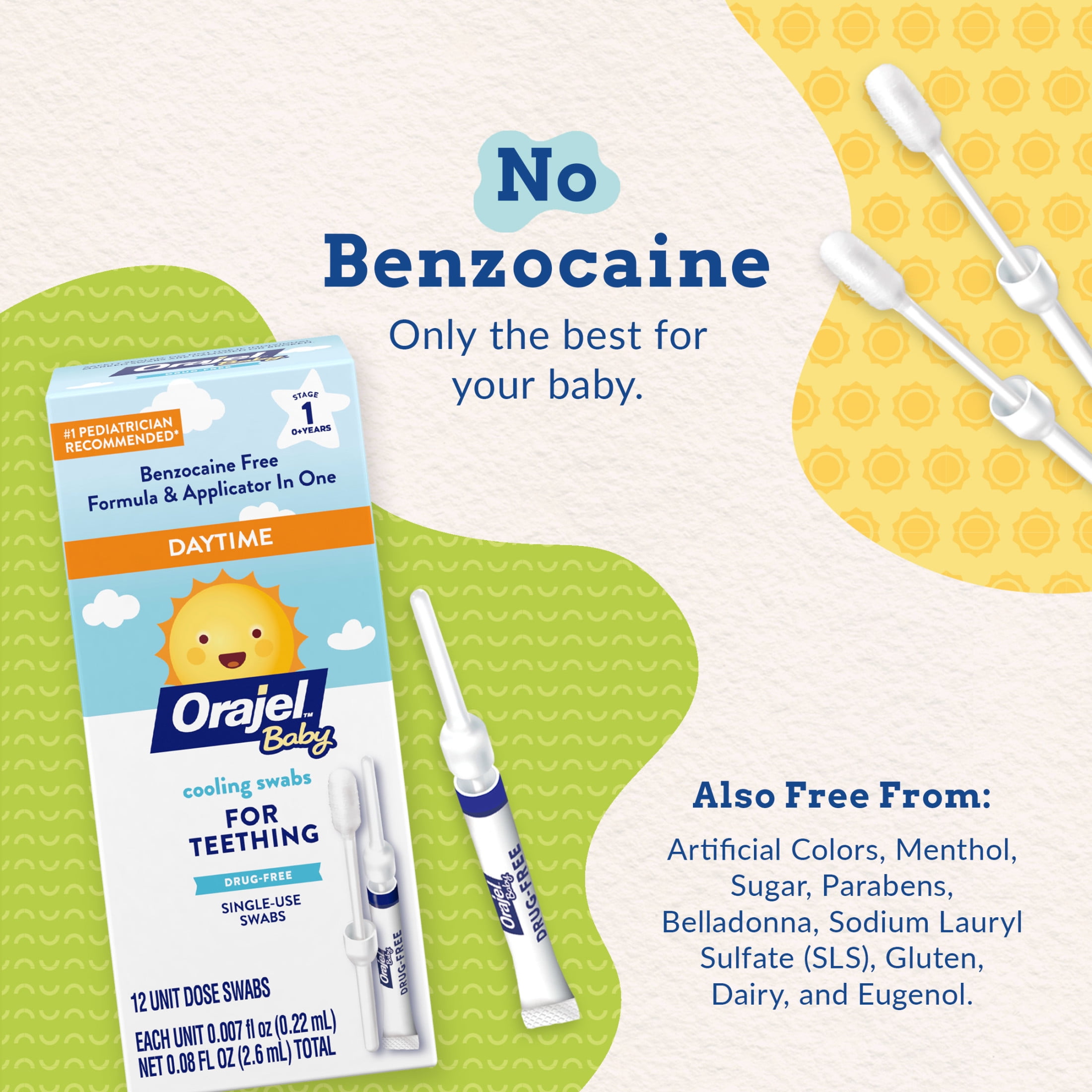 Orajel Baby Teething Cooling Swabs, Daytime, for Relief of Painful Swollen Gums, Drug-Free, 12 Swabs