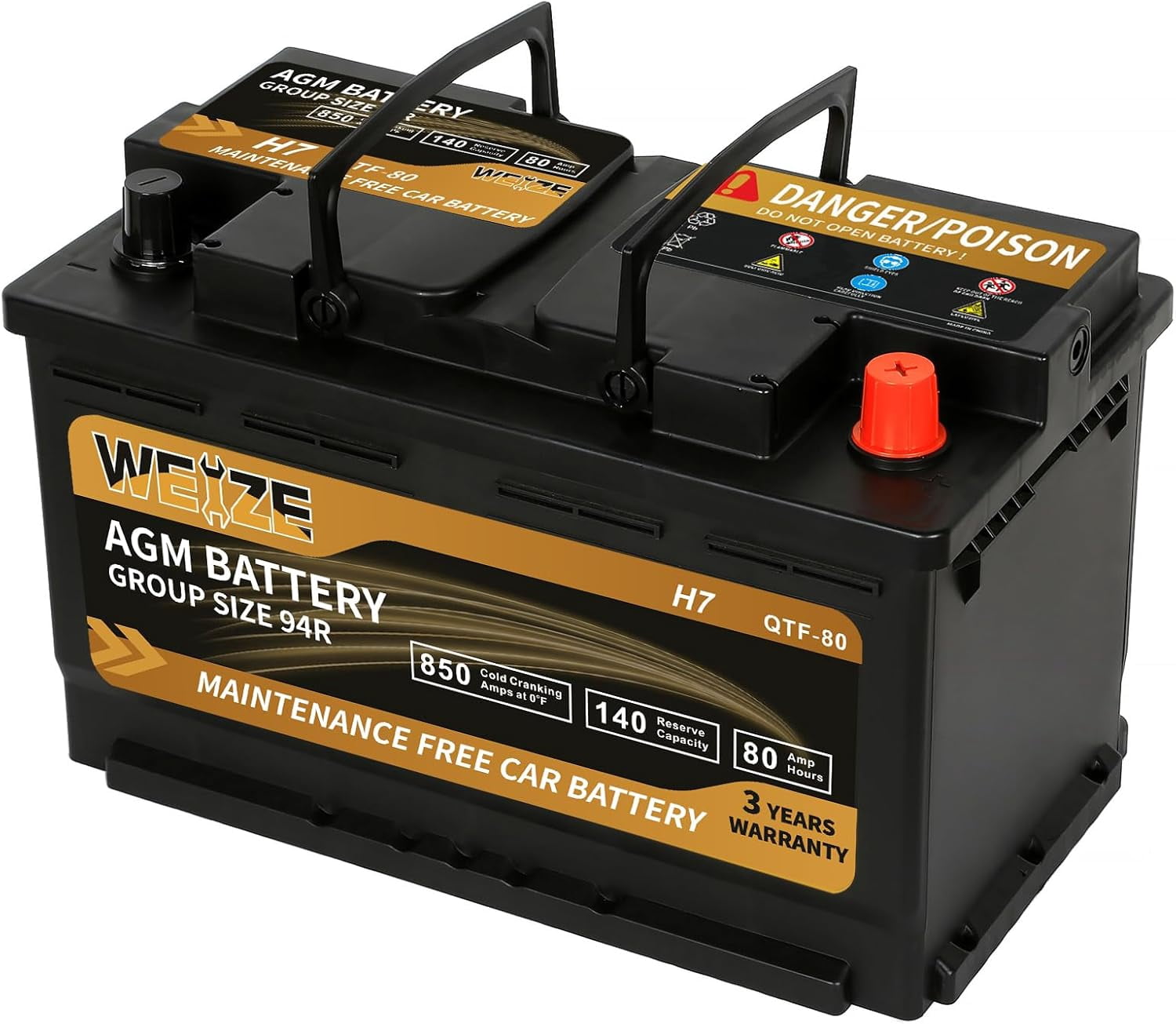 BCI Group 94R AGM Car Battery 12V 80Ah, 850 Cold Cranking Amps, 140 Reserve Capacity, Fast Recharge, Vibration Resistant for Start-Stop Systems