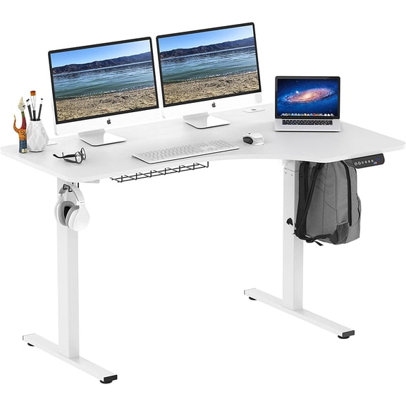 SHW 55-Inch Large Electric Height Adjustable L-Shaped Standing Desk, White