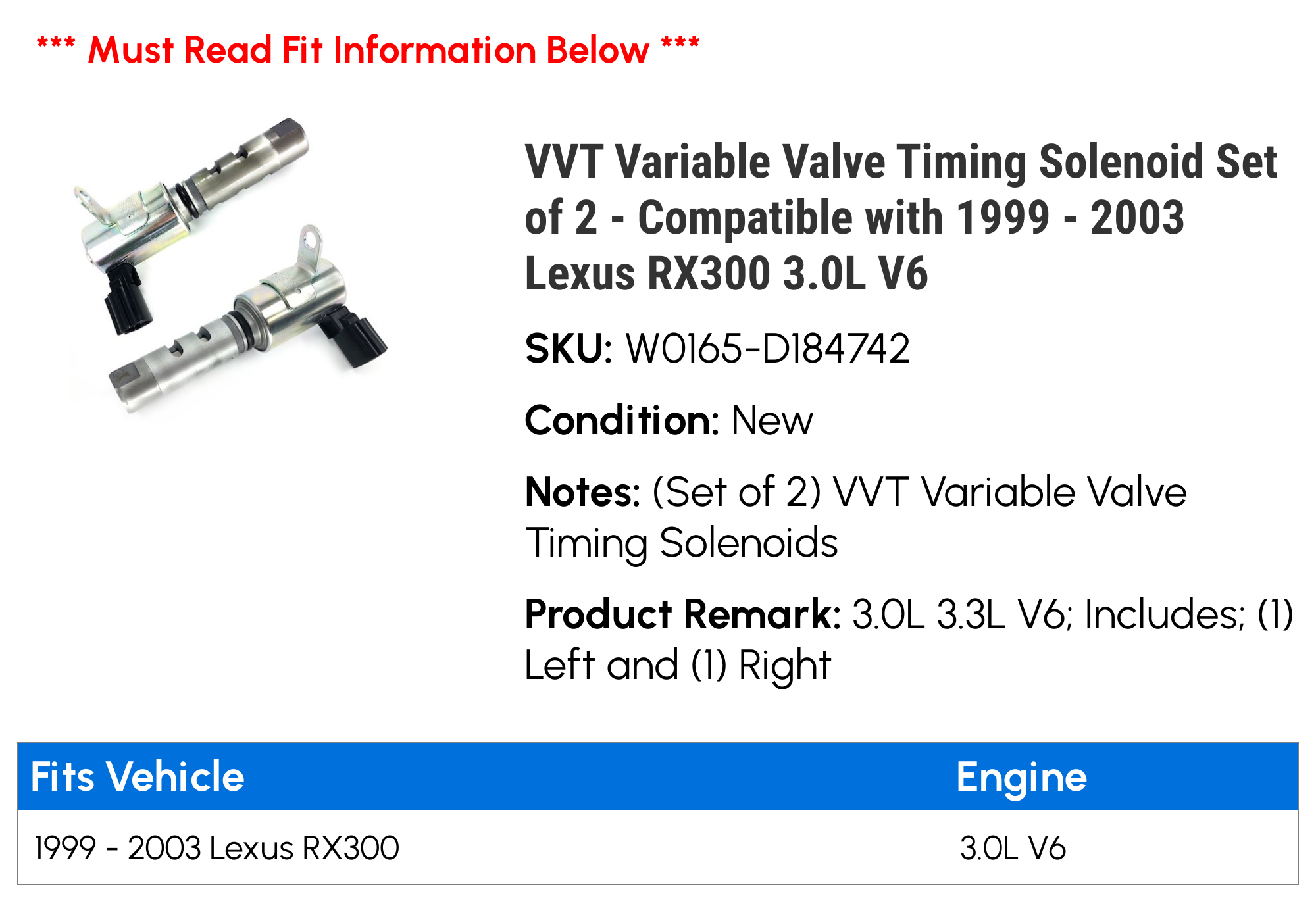 VVT Variable Valve Timing Solenoid Set of 2 - Compatible with 1999 - 2003 RX300 3.0L V6 2000 2001 2002