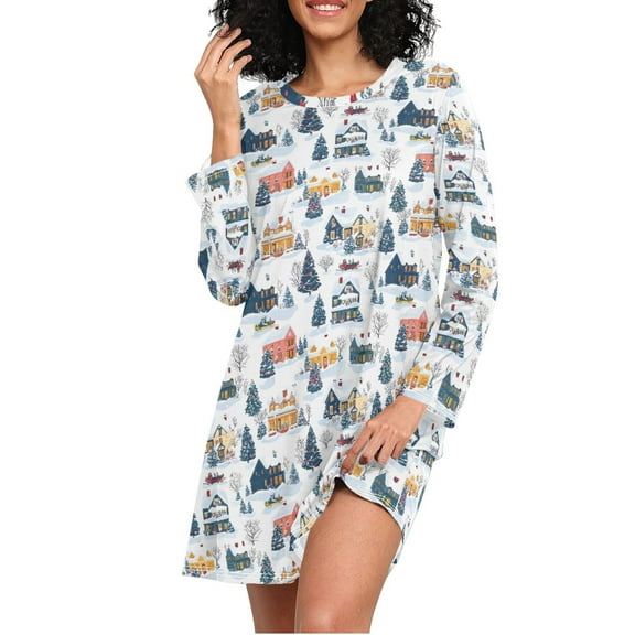 joogoo Christmas Snow Scene Women's Long Sleeve Nightgown Sleepwear L