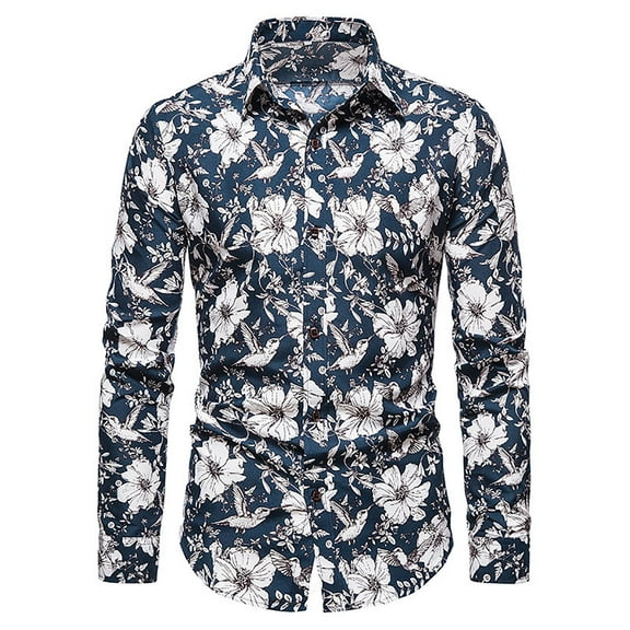 Fesfesfes Fall New Style Men's Blouse Tops Streetwear Printed Slim Fit Long Sleeve Shirt