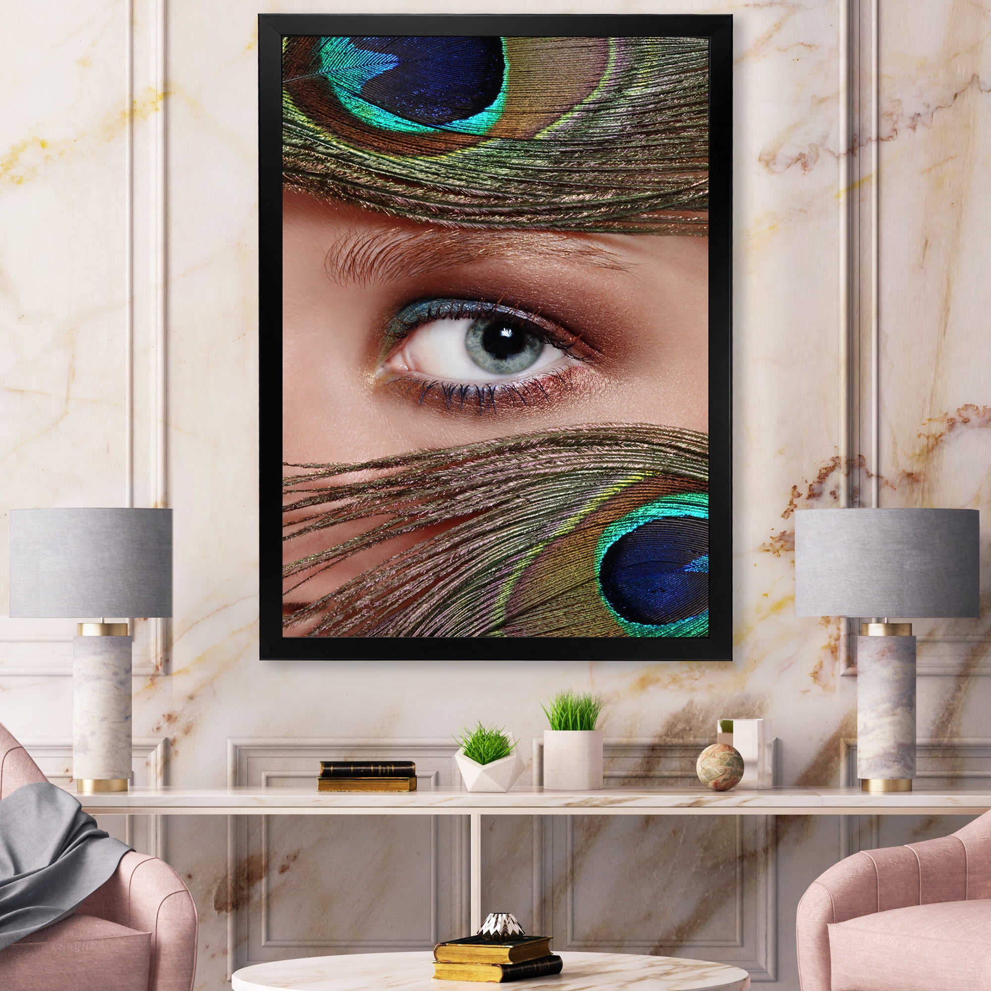 Designart 'Peacock Feathers and Eye' Bohemian & Eclectic Framed Art Print