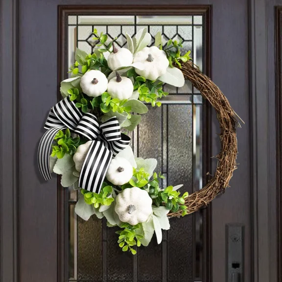 Colourtree 15.75" Farmhouse Fall Wreath Decor with White Pumpkin, Green Lamb's Ear and Eucalyptus Leaves, Harvest Door Wreath for Autumn or Thanksgiving Decorations