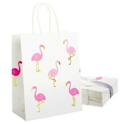 24-Pack Flamingo Birthday Party Favor Gift Bags with Convenient Handles, Medium Size, 8x10x4 inches for Tropical-Themed Decorations (White, Pink Gold Foil Design)