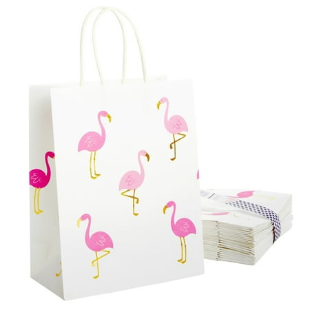 24-Pack Flamingo Birthday Party Favor Gift Bags with Convenient Handles, Medium Size, 8x10x4 inches for Tropical-Themed Decorations (White, Pink Gold Foil Design)