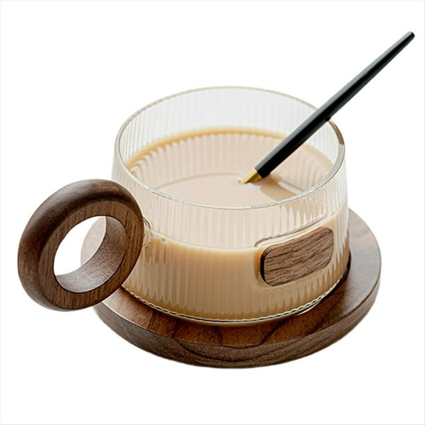 Juego de Tazas de Café, de Té de Vidrio con Cuchara, Posavasos de Madera, de Té con Leche Sencilla para el Hogar, de Agua de Vidrio