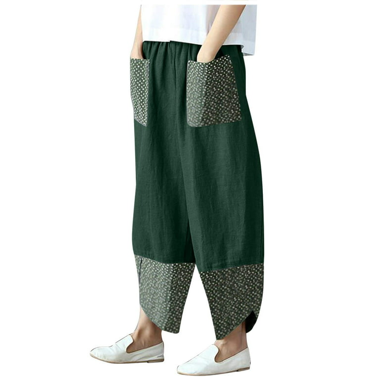 Umitay Fashion Womens Loose Print Solid Color Polka Dot Print Splicing  Cotton Linen Pocket Wide Leg Pants cargo pants women 