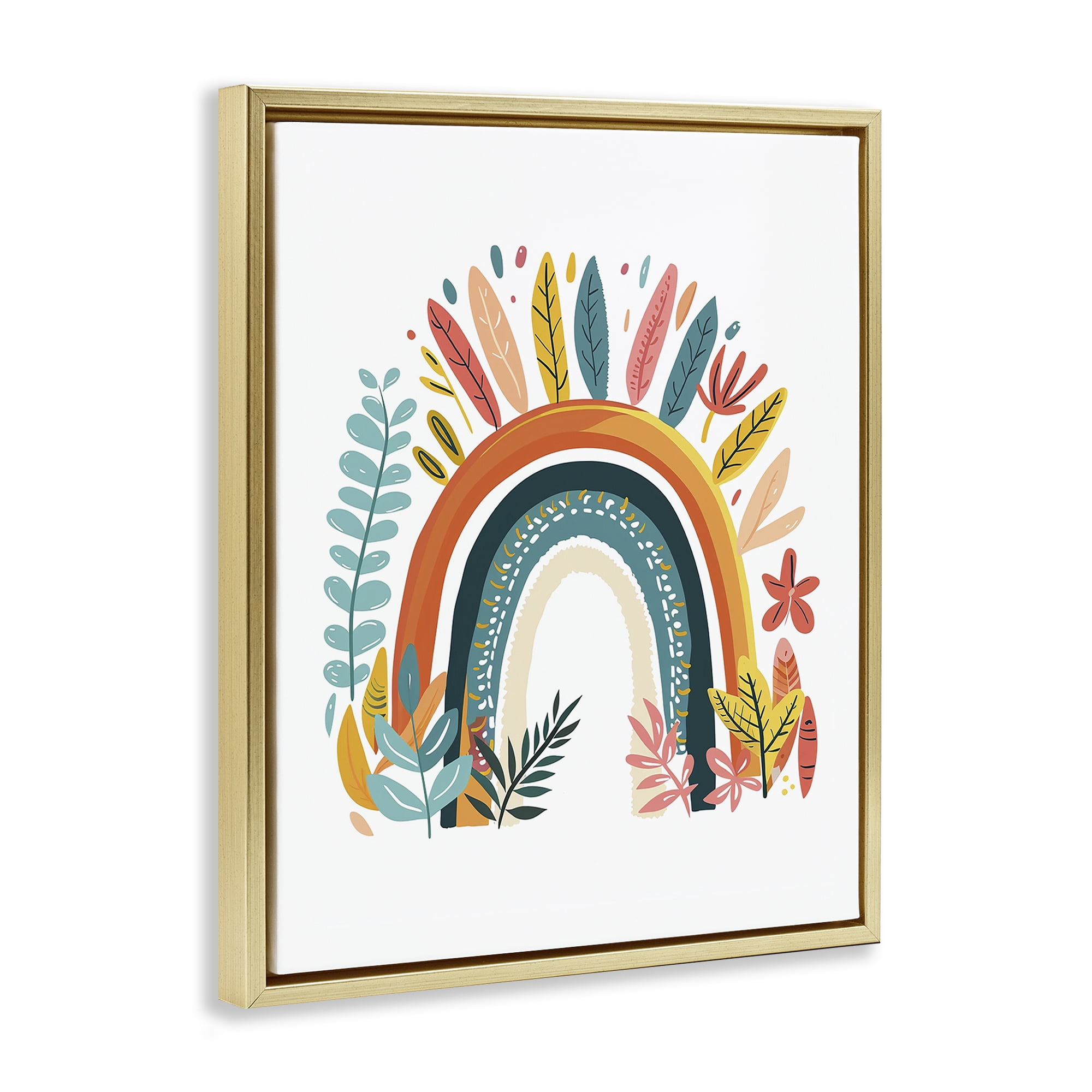 Stupell Industries Boho Rainbow Blooms Plants & Flowers Painting Gold Floater Framed Canvas Art Print Wall Art, 17 x 21