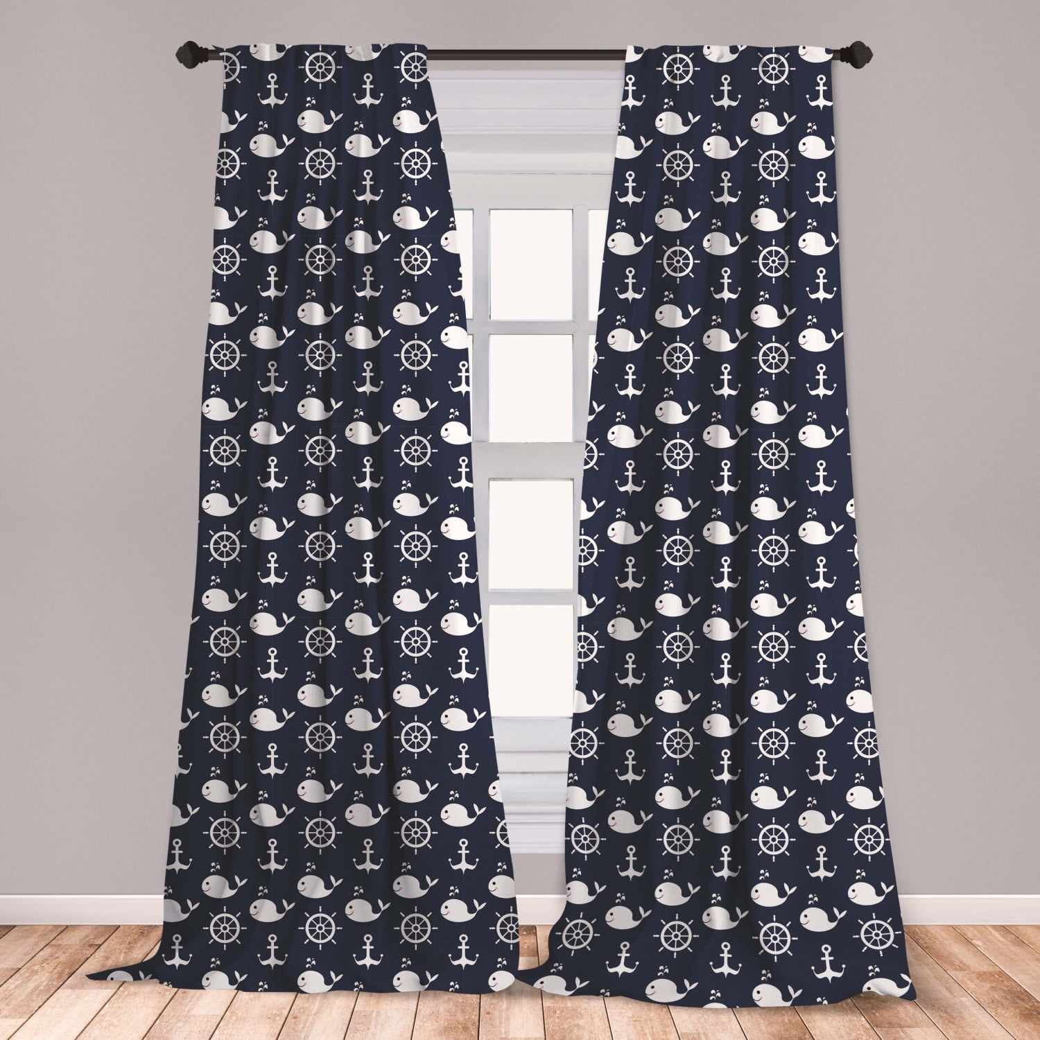 Navy Blue Curtains 2 Panels Set, Maritime Pattern with Whales Helms