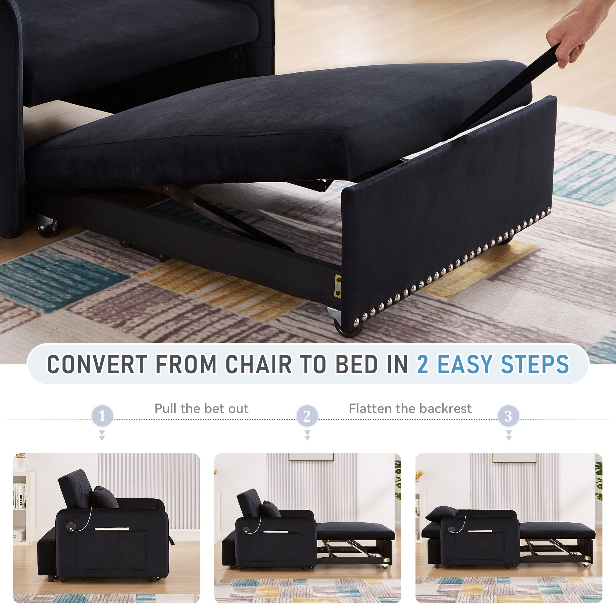 Lunale 3-in-1 Convertible Sleeper Chair Bed, Indoor Lounge Chair with USB/Type-C, Black Velvet