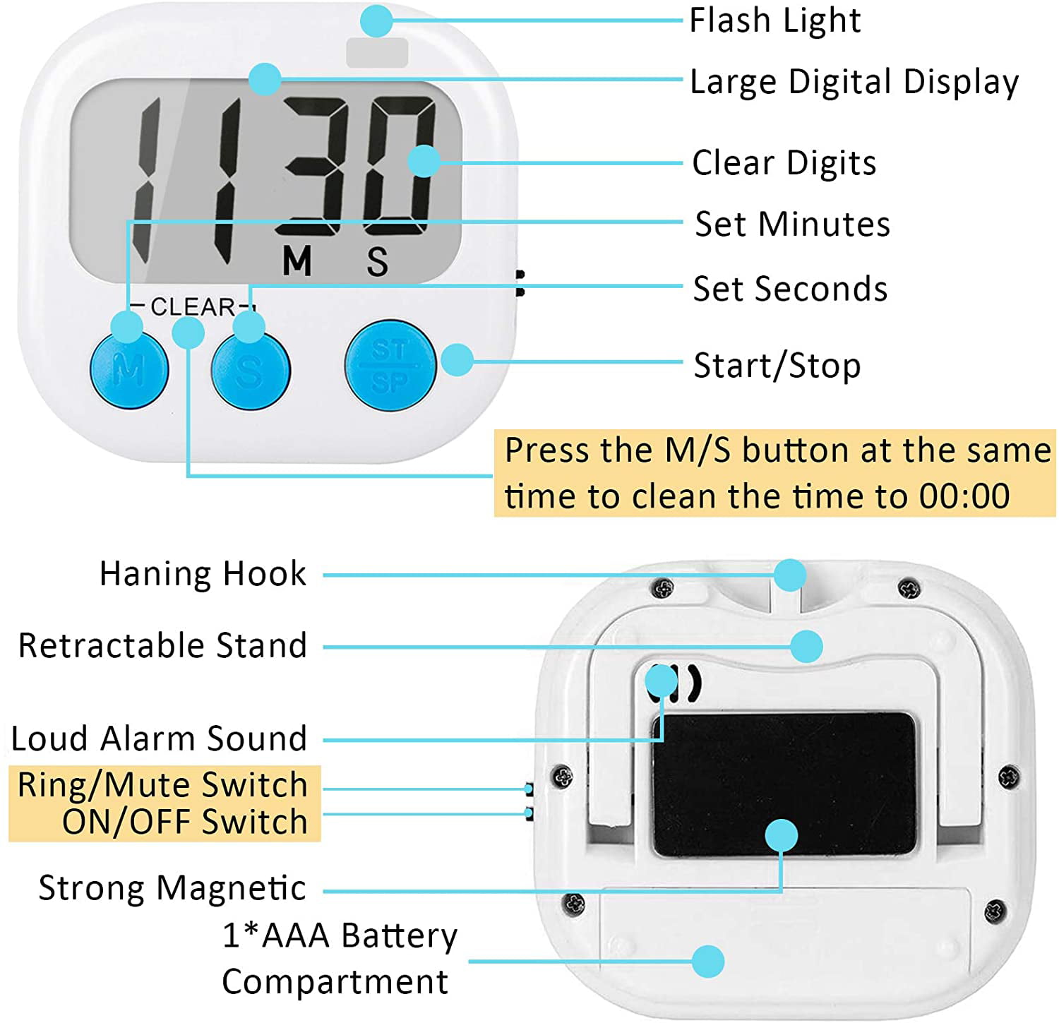 2Pack Multi-Function Electronic Timer - Magnetic Digital Timers Big LCD  Display The Loud / Silent Switch Countdown Timer Extensively Use in Break  Time, Cooking,Gym, Meeting, Classroom 