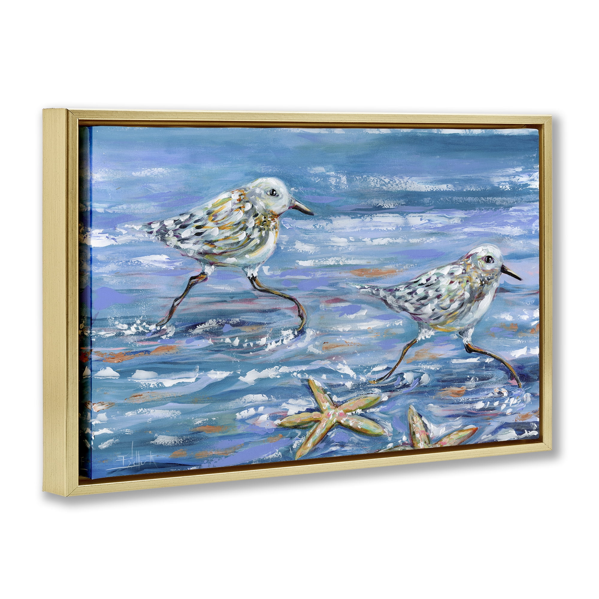 Stupell Industries Running Sea Sandpipers Coastal Painting Gold Floater Framed Canvas Art Print Wall Art, 25 x 17