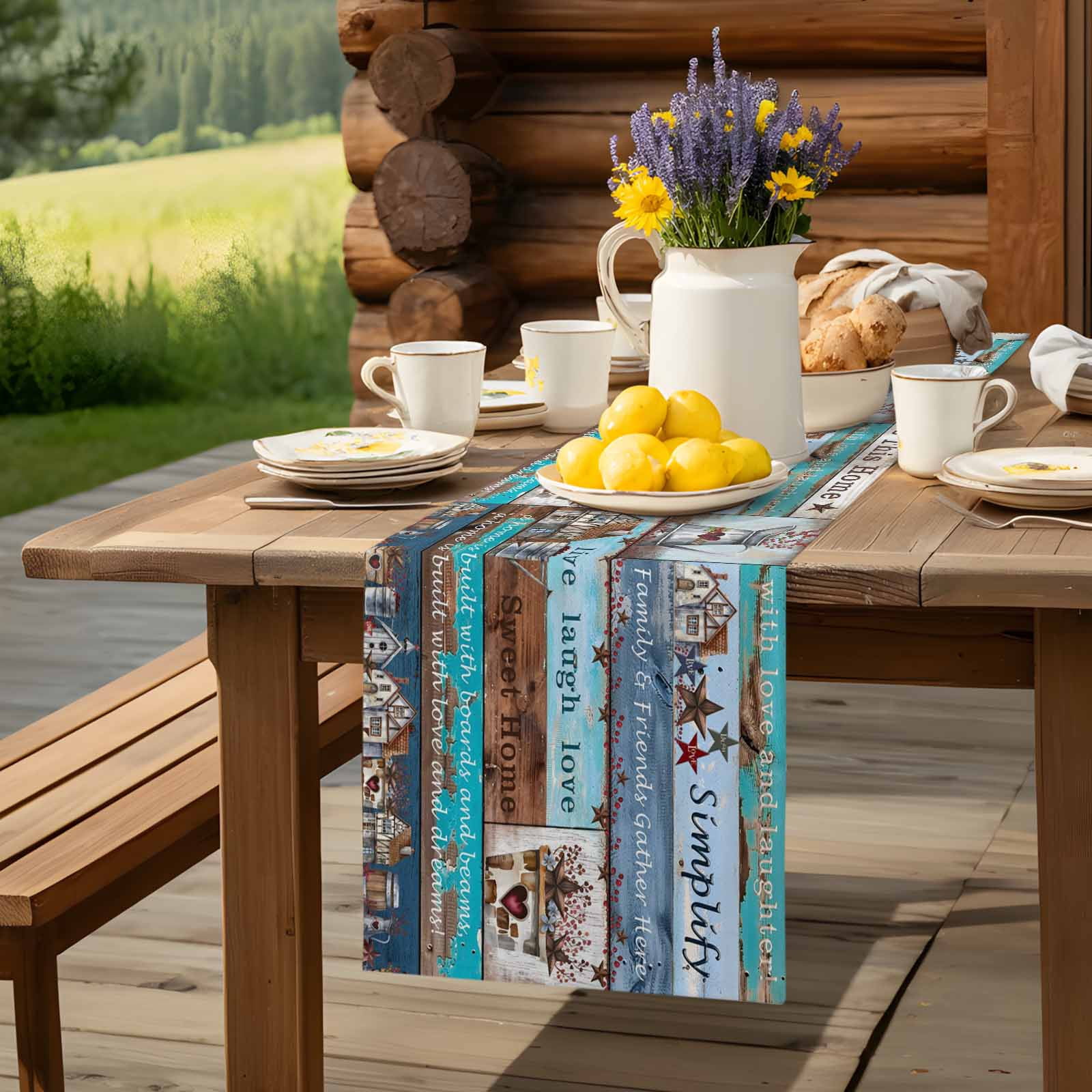 Star Bless This Home Star Table Runner 90 Inches Long, Vintage Watercolor Farm Wood Grain Table Runners Tabletop Scarf Kitchen Dining Tables Decoration for Home Party Indoor Outdoor