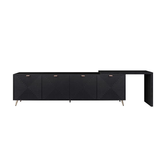 Black Extendable TV Stand for 90 Inch TVs, 4-Door Media Console with Adjustable Shelves & Solid Wood Veneer for Living Room