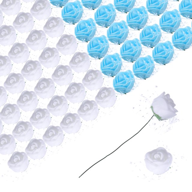 Artificial Flowers, White and Blue Fake Roses with Lace for DIY Wedding Decor Bridal Valentines Day 144Pcs