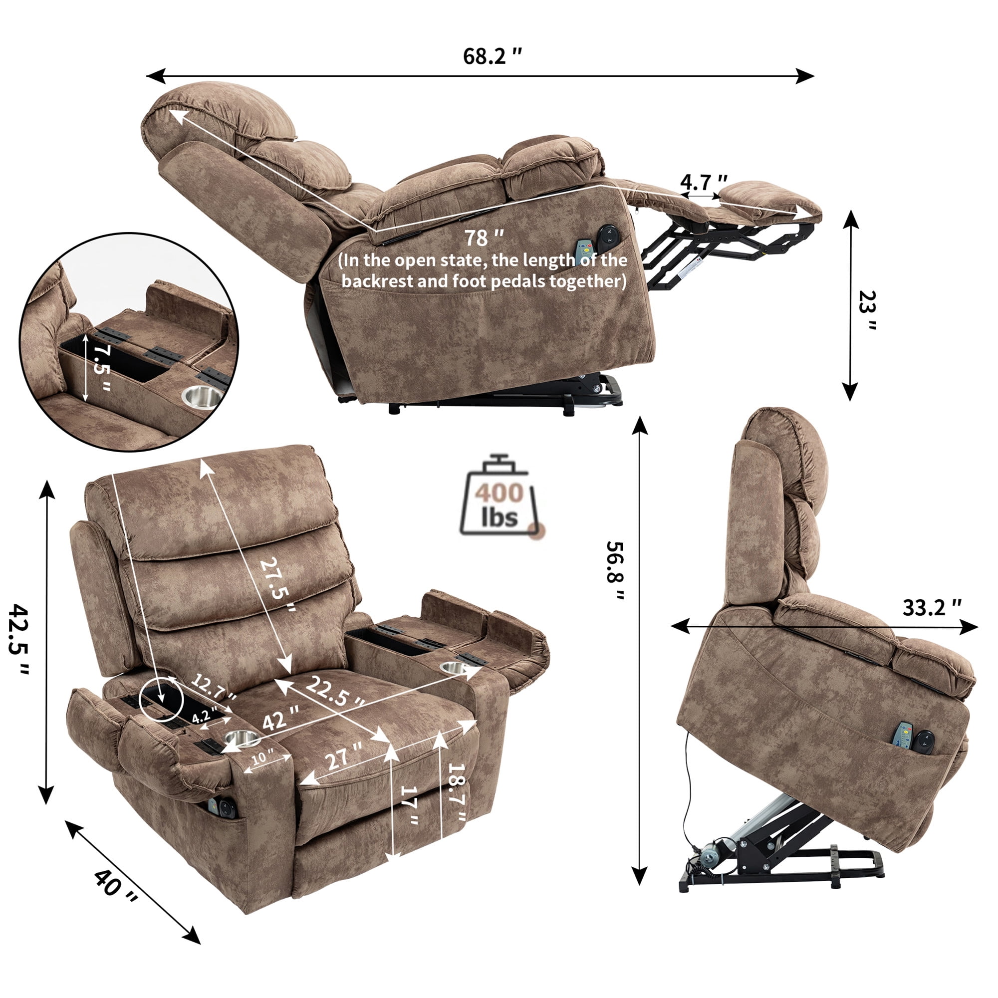 LITVZ Oversized Extra Wide Power Lift Recliner Chair Extended Footrest for Big Tall Man 400lb, Heavy Duty Recliners with Heat Massage, Arm Storage & Cup Holders, Lay Flat 160° for Elderly Sleeping