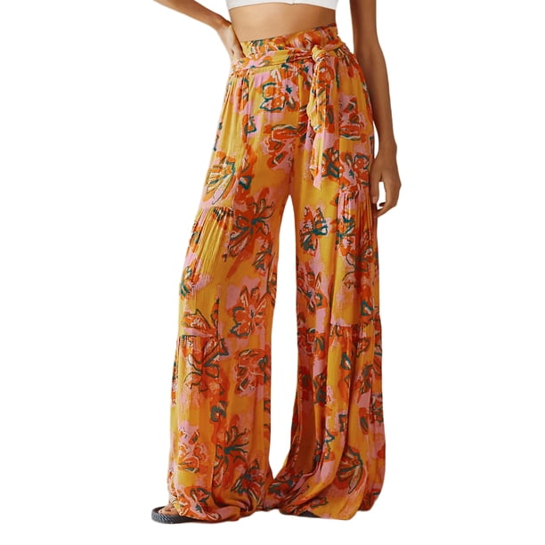 VISgogo - Pantalones palazzo con cinturón para mujer, pantalones de playa sueltos bohemios de cintura alta con estampado floral/a cuadros/cachemira VISgogo moda