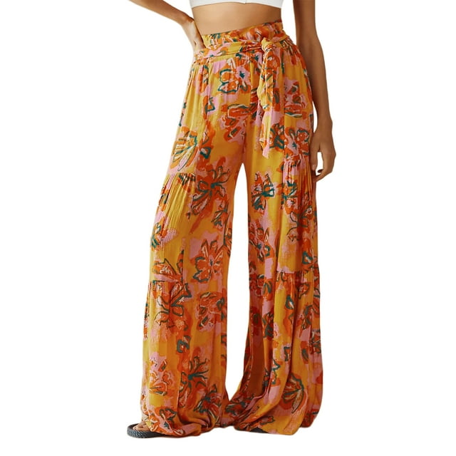 VISgogo - Pantalones palazzo con cinturón para mujer, pantalones de playa sueltos bohemios de cintura alta con estampado floral/a cuadros/cachemira VISgogo moda