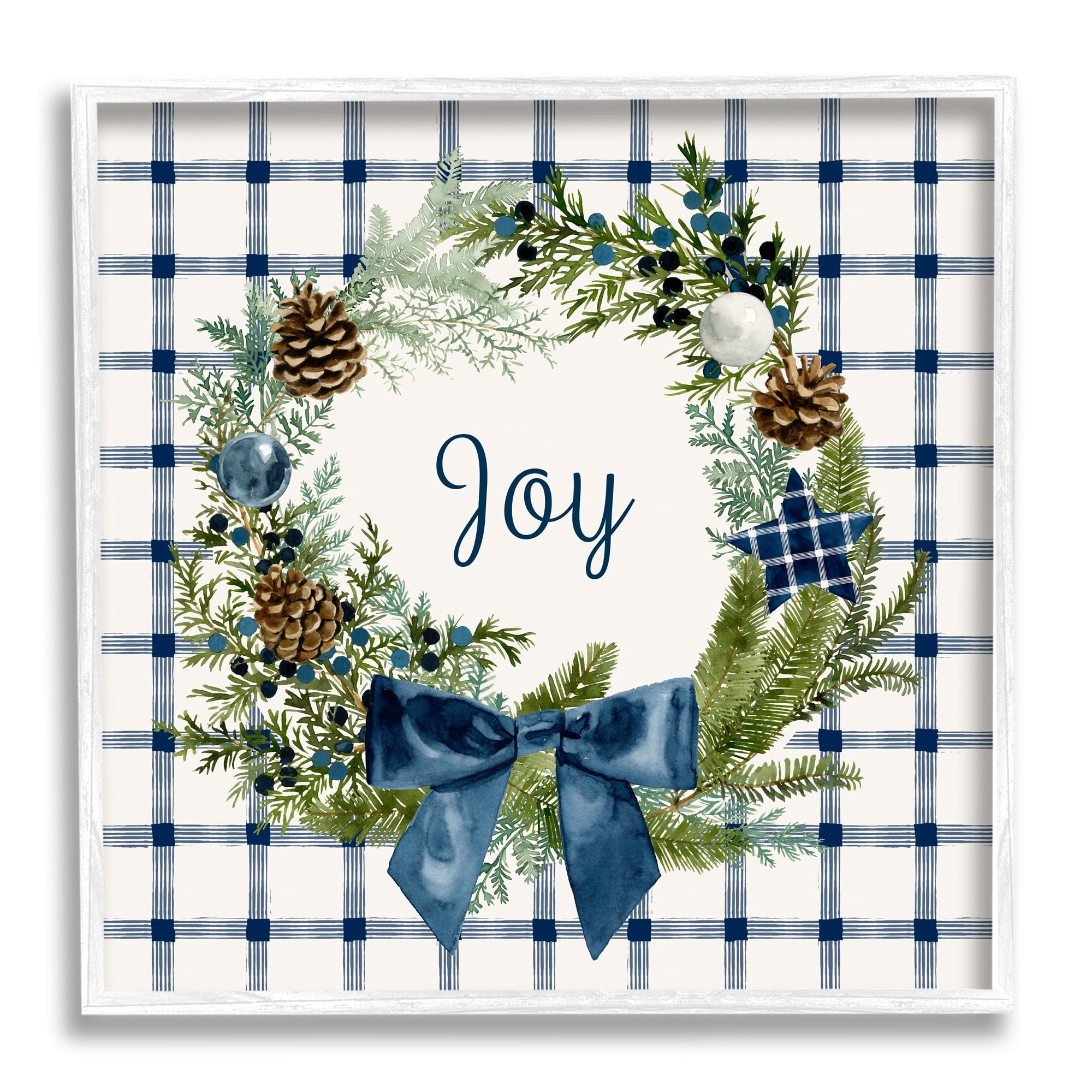 Stupell Industries Winter Joy Sentiment Rustic Pinecone Wreath Blue Plaid Graphic Art White Framed Art Print Wall Art, 12x12, by Victoria Barnes
