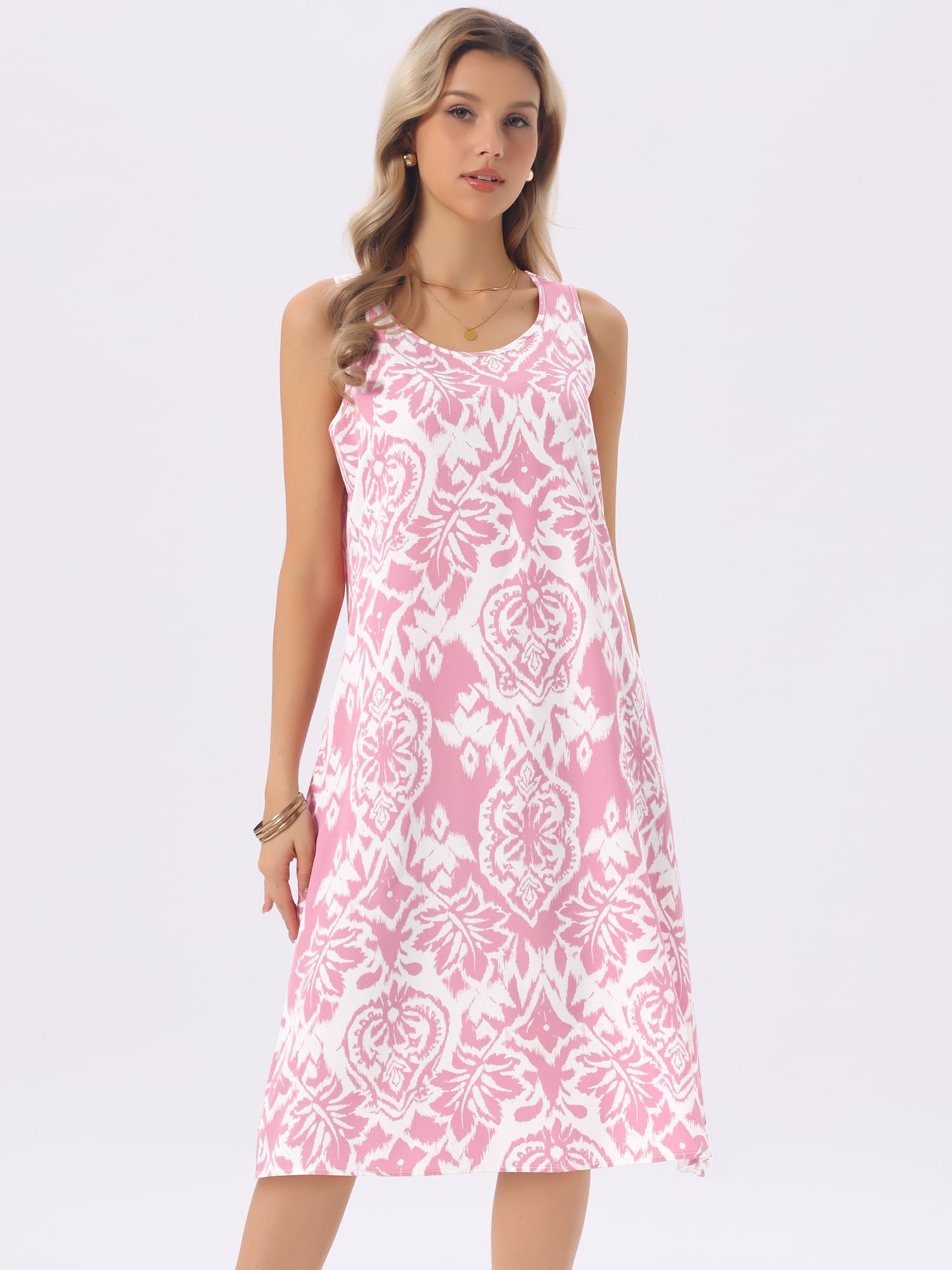 DARING DIVA Sleeveless Crewneck Print Midi Tank Dress Large Dusty Pink